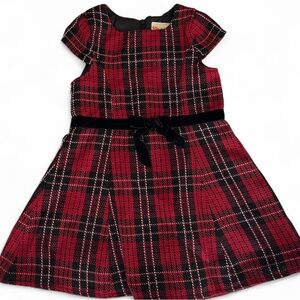 Tartan Plaid Girls Holiday Party Dress Red Black Velvet Bow Lined Cap Sleeves 6